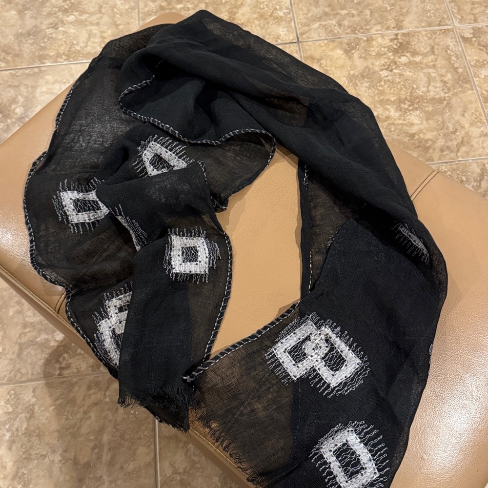 BNWT Linen Black Scarf with White Embroidery